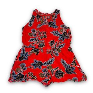 LOFT Vibrant Red Romper with Blue Floral Pattern